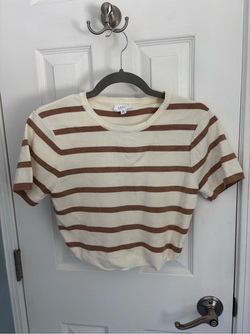 Le Lis Cream and Brown Striped Knit Top